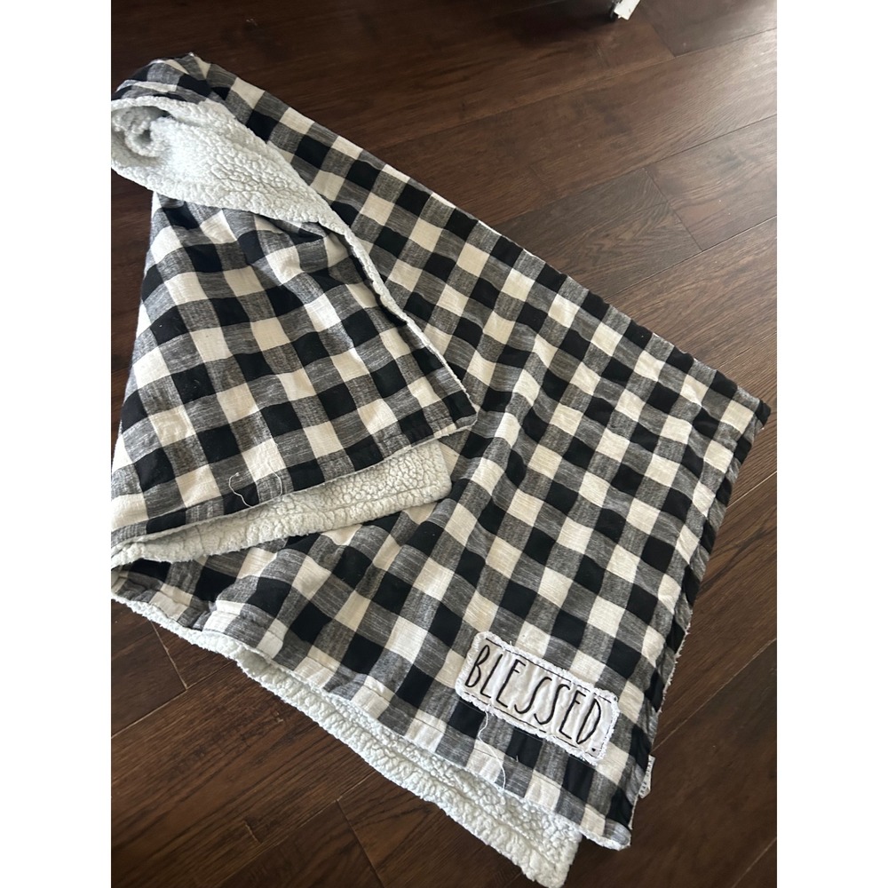 Rae Dunn Blessed Buffalo Check Sherpa Throw Blanket Black White Farmhouse Plush